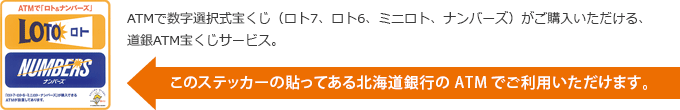 ATMで数字選択式宝くじ（ロト7、ロト6、ミニロト、ナンバーズ）がご購入いただける、道銀ATM宝くじサービス。このステッカーの貼ってある北海道銀行のATMでご利用いただけます。